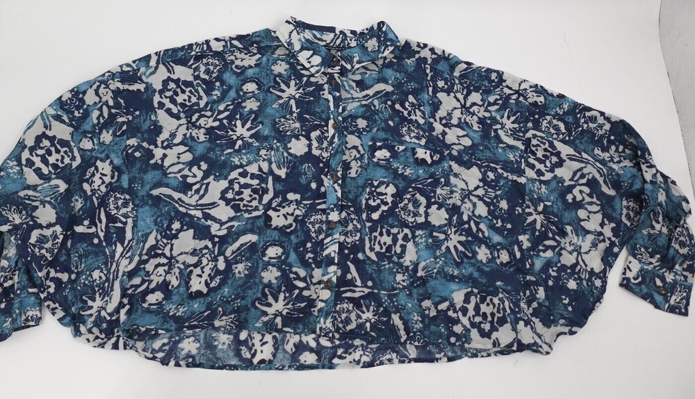 Pilcro Womens Button Up Shirt Large Blue Floral Long Sleeve Cropped Boho Relaxed